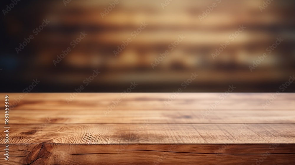 Empty wooden table in front of a blurred brown background, perfect for product display, advertising, or design mockup.