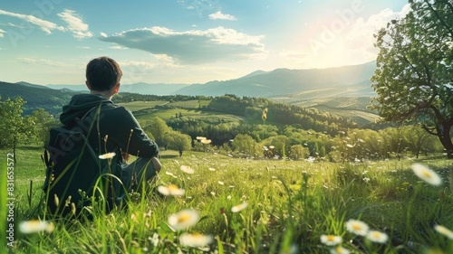 Young male resting in scenic grassy field under sunny sky, surrounded by nature and flowers