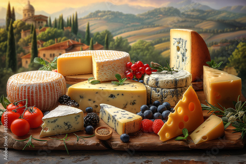Vector illustration. Different types of cheese on a wood table, close up view, with high detail, like a professional photograph.