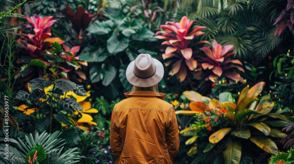 Obraz premium Person in yellow jacket and hat facing lush, vibrant tropical plants