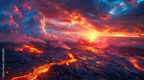 Against the backdrop of the fiery sunrise, the colors of the volcanic rock come alive, casting a surreal glow that bathes the landscape in ethereal light.