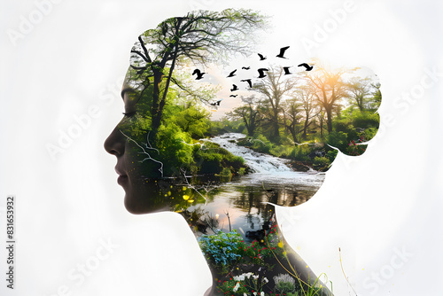 Surreal creative double exposure portrait of a woman face