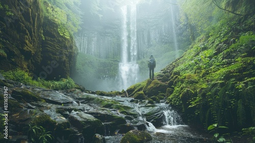 Hiker stands near waterfall in lush  green forest with misty atmosphere