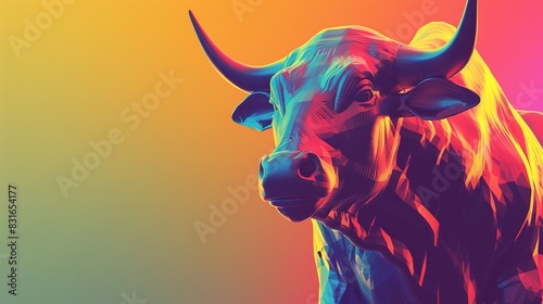 Vibrant digital art of a majestic bull with colorful, abstract lighting. Bold and dynamic design perfect for modern decor or creative projects.