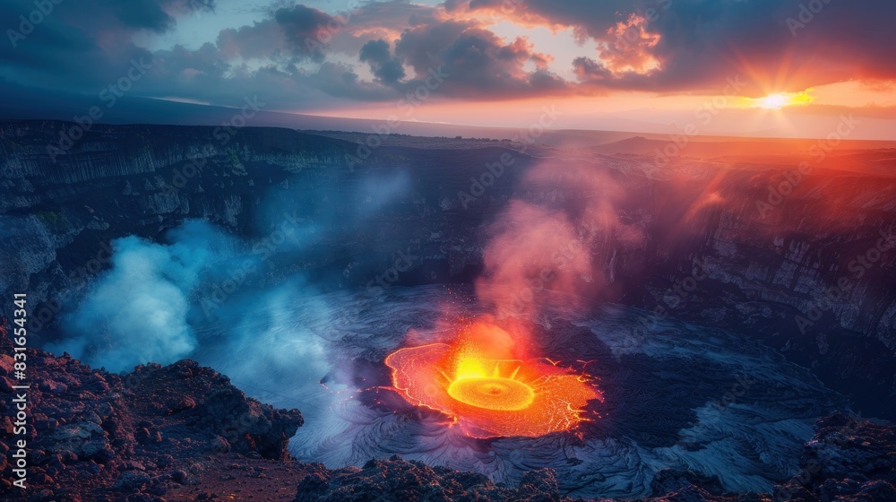Fototapeta premium With the first light of dawn, they rise once more, eager to explore further into the heart of the volcano and uncover its hidden secrets.