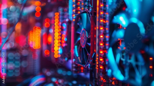 Vibrant bolts of electricity strike a maze of mining rigs making it clear that crypto mining is not just a virtual activity but one that requires substantial energy resources. photo
