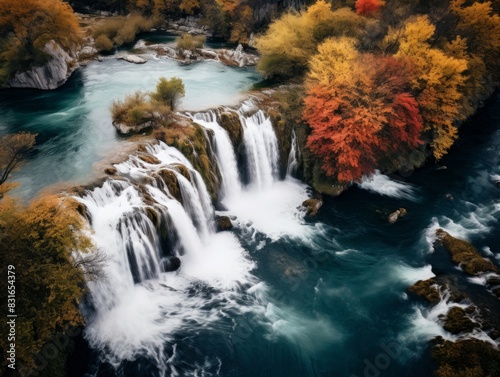 Aerial Autumn Beautiful Waterfall Surrounded by Vibrant Fall Trees