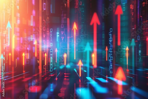 Colorful digital arrows pointing upwards, representing growth, technology trends, data analysis, and futuristic advancements in a tech landscape. photo