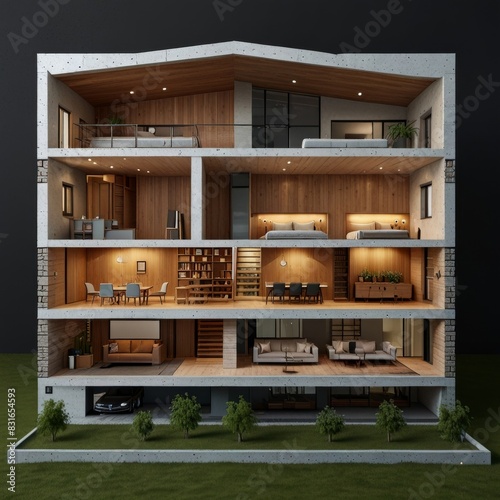 Modern home cross section, 3d rendering minimalist © Damai Studio