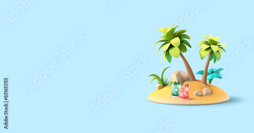 Refreshing cocktails, island, palm trees, tropical plants, 3D. Banner for concepts of summer vacation, relaxation, tropics, and enjoyment. Vector