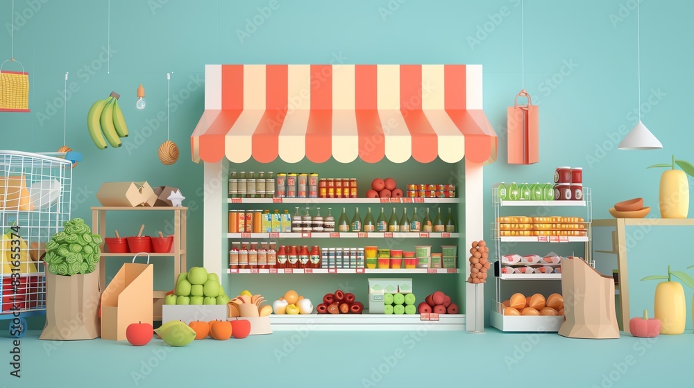 Grocery shopping flat design front view retail 3D render Complementary color scheme