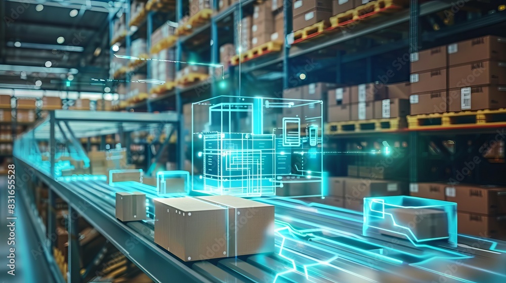 Smart warehouse management system using augmented reality technology to identify package picking and delivery . Future concept of supply chain and logistic business 