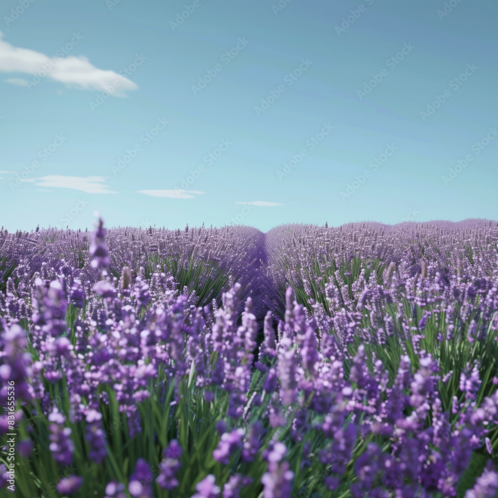 Naklejka premium A serene and super realistic image of a lavender field in full bloom with a clear blue sky, perfect lighting,