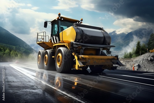 Heavy construction machine paving a road in a scenic mountainous landscape with dramatic skies and reflective wet surface.
