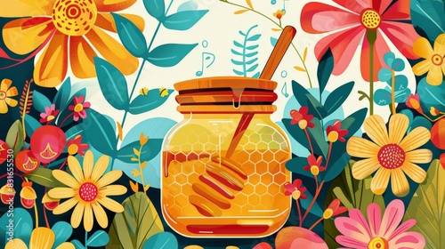 Illustration of a honey jar with a wooden dipper surrounded by colorful flowers. Represents natural sweeteners and sugar substitutes. photo