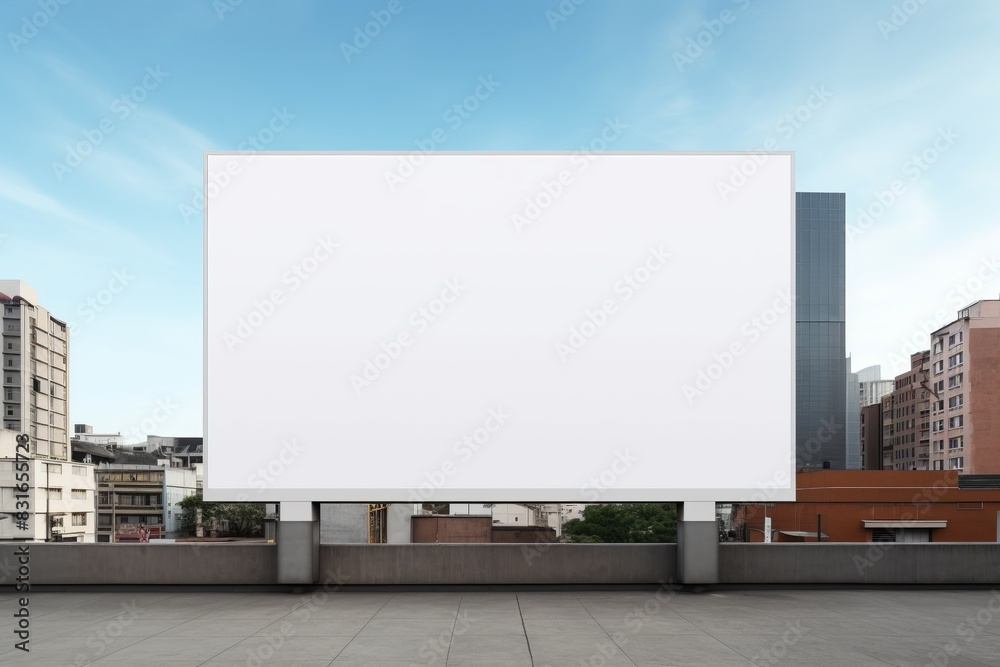Large blank billboard on rooftop in urban cityscape with clear blue sky, ideal for advertising, marketing, and branding purposes.