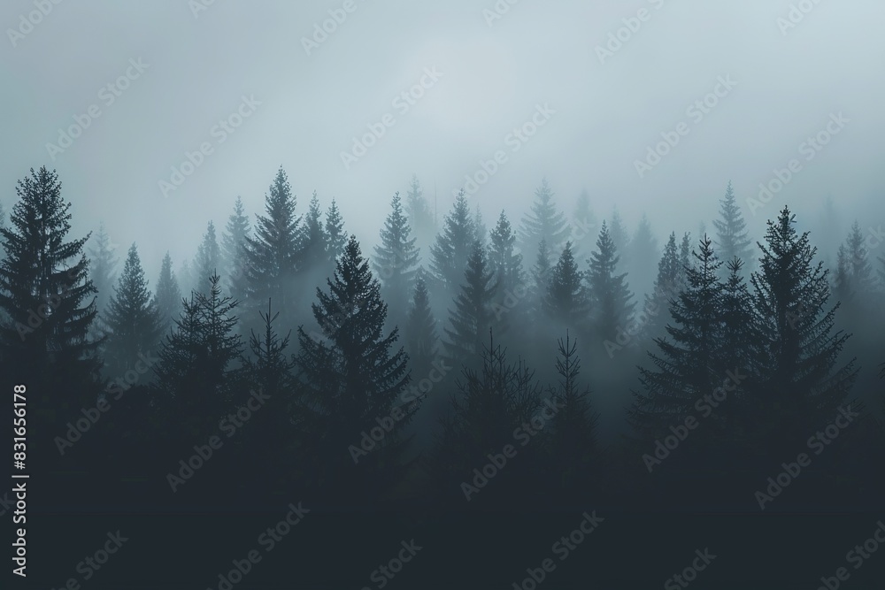 Misty pine forest with foggy atmosphere creating a mysterious and serene nature landscape view.