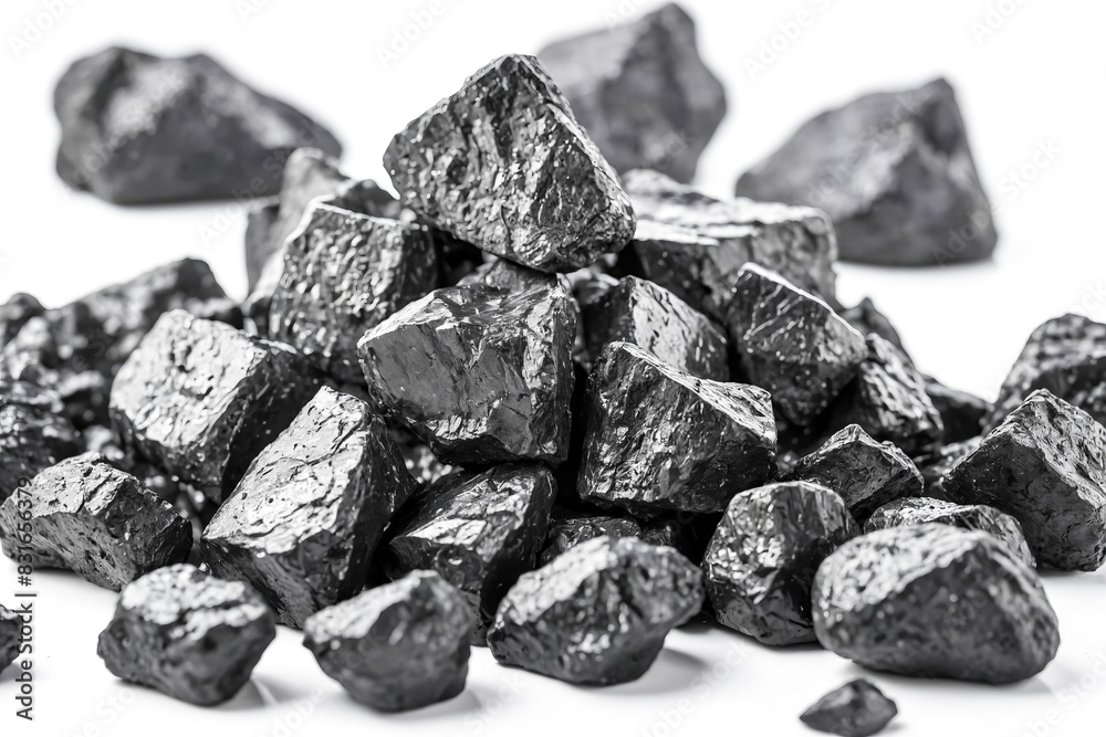 Black Coal Rocks on White Background