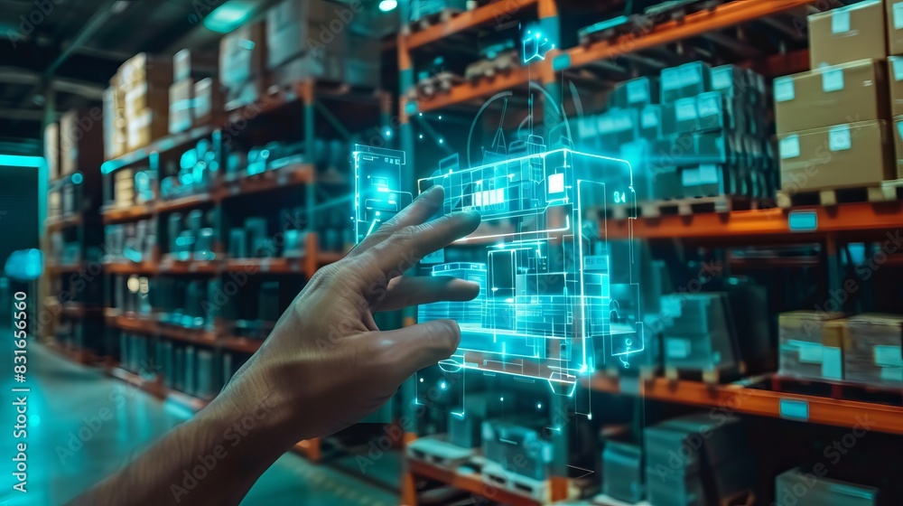 Fototapeta premium Smart warehouse management system using augmented reality technology to identify package picking and delivery . Future concept of supply chain and logistic business 