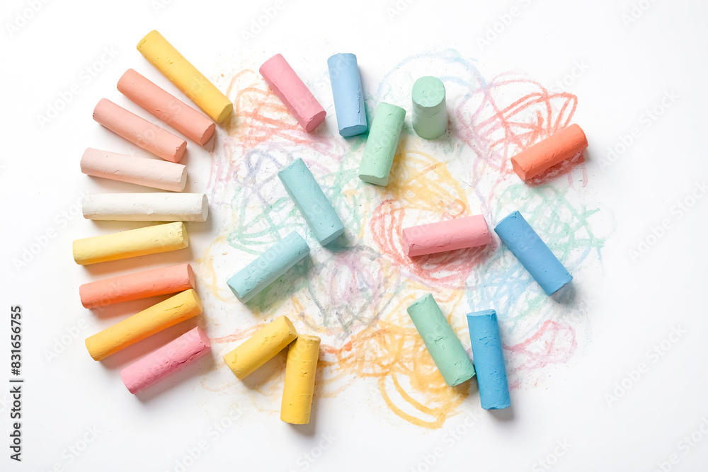 Colorful Chalk Sticks and Drawings on White Background