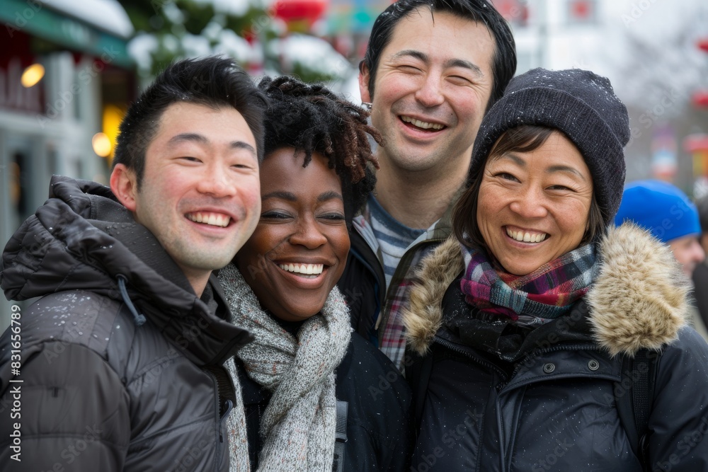 Group of happy multiracial friends having fun on the Christmas market Group of happy multiracial friends having fun on the Christmas market
