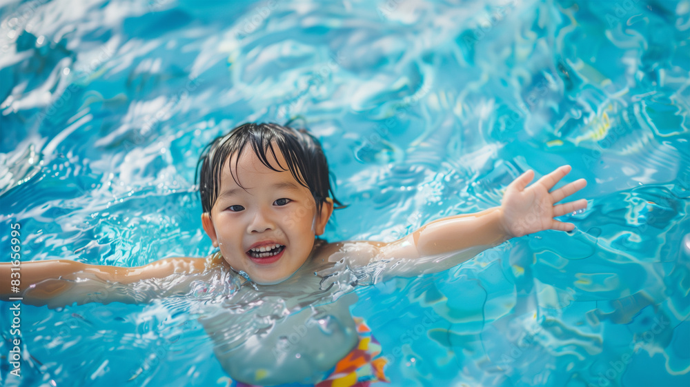 夏のプールで楽しむ日本の子供