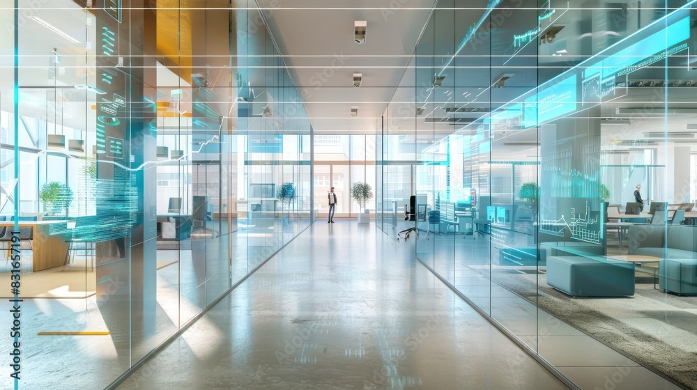 Office room with glass partition with double exposure morning light effect. Office room with glass partition with double exposure morning light effect.