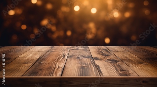 Rustic wooden table against a blurred bokeh background with warm lighting, perfect for product display or a cozy setting photo