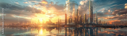 Futuristic Cityscape at Sunset with Golden Skyscrapers and River Reflections