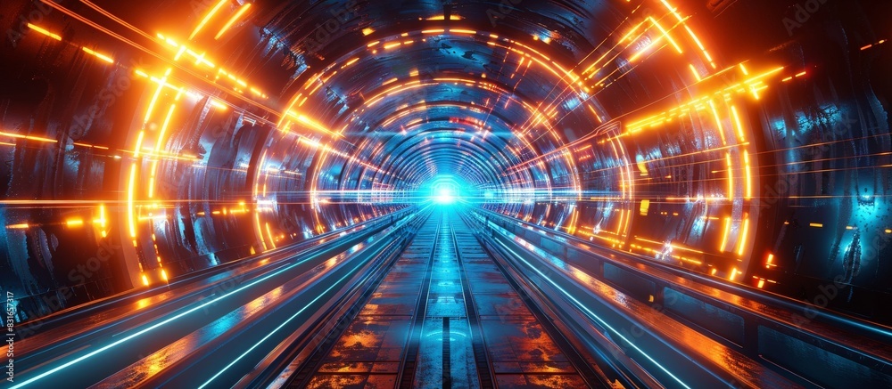 Futuristic Tunnel of Technological Splendor - Illuminated by Blue and Orange Lights Futuristic Tunnel of Technological Splendor - Illuminated by Blue and Orange Lights