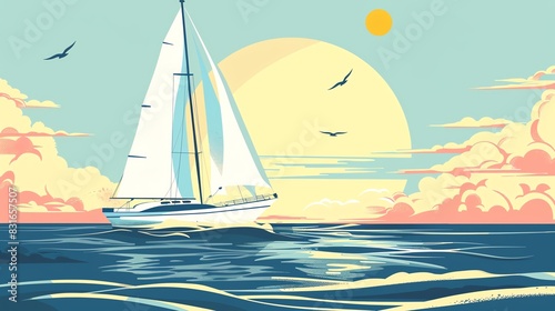 Sailing adventure flat design front view nautical cartoon drawing Monochromatic color scheme