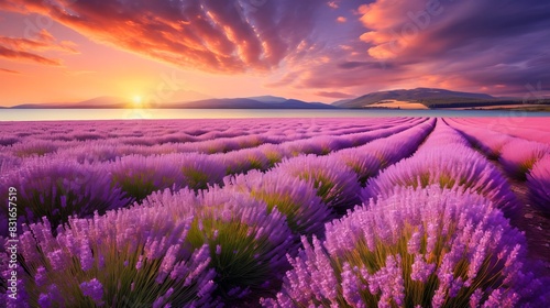Stunning sunset over a vast lavender field with vibrant flowers, under a dynamic sky filled with colorful clouds, evoking tranquility and beauty.