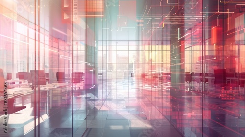 Office room with glass partition with double exposure morning light effect.