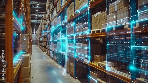 Smart warehouse management system using augmented reality technology to identify package picking and delivery . Future concept of supply chain and logistic business