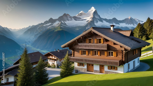 swiss alpine village in the mountain, ai generated © Kim