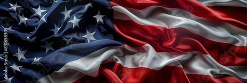 Close-up of American flag with detailed fabric texture and folds showcasing patriotic symbol with rich colors and intricate design