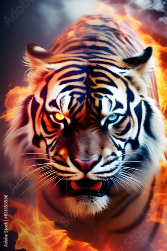 flaming tiger fantasy horizontal poster ashes embers and flames black background fiery fantasy