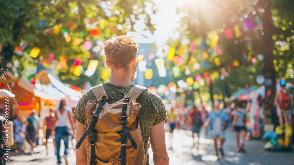 Man with backpack at outdoor market colorful decorations Sunlit scene trees and people