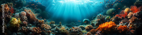 panorama underwater view with coral  reef  fish  marine life  nature marine. Wall Art Poster Print Design for Home Decor  Decoration Artwork  High Resolution Wallpaper and Background for Computer