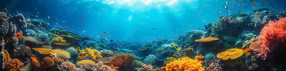 Fototapeta premium underwater panorama view with coral, reef, fish, marine life, nature marine. Fantasy Wall Art Poster Print Design for Home Decor, Decoration Artwork, Wallpaper & Background for Computer