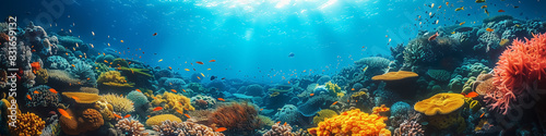 underwater panorama view with coral, reef, fish, marine life, nature marine. Wall Art Poster Print Design for Home Decor, Decoration Artwork, High Resolution Wallpaper and Background for Computer © YOAQ