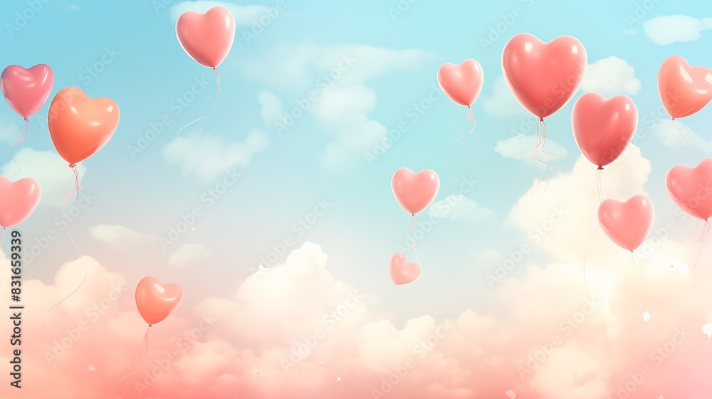 Whimsical scene with red heart-shaped balloons floating in the sky among fluffy pink and white clouds, evoking love and romance. Whimsical scene with red heart-shaped balloons floating in the sky among fluffy pink and white clouds, evoking love and romance.