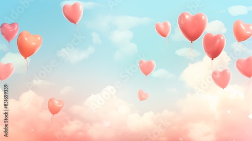 Whimsical scene with red heart-shaped balloons floating in the sky among fluffy pink and white clouds, evoking love and romance.