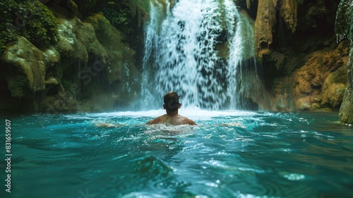 Man swimming in natural pool under waterfall
