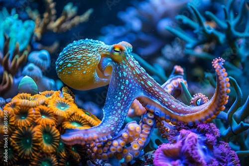Octopus in coral reef signals with color change.