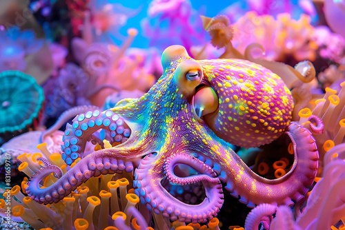 Octopus in coral reef signals with color change. © Ghulam