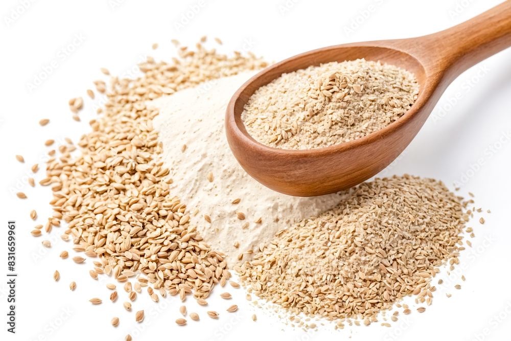 Rice flour and rice grains in wooden spoon on white background