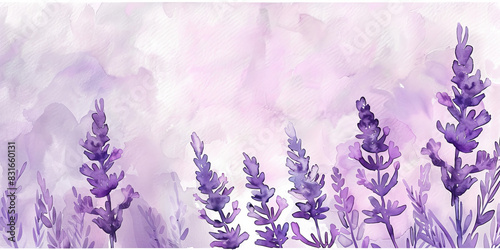 A watercolor painting of lavender flowers in shades of purple and green with some unopened buds, on a white background. photo