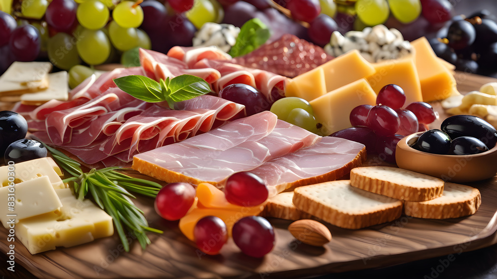 hams with salami and cheese platter, hams with fruits and cheese crackers, ai generated hams with salami and cheese platter, hams with fruits and cheese crackers, ai generated