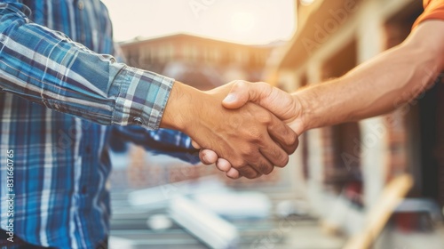 Successful deal, male architect shaking hands with client in construction site after confirm blueprint for renovate building.